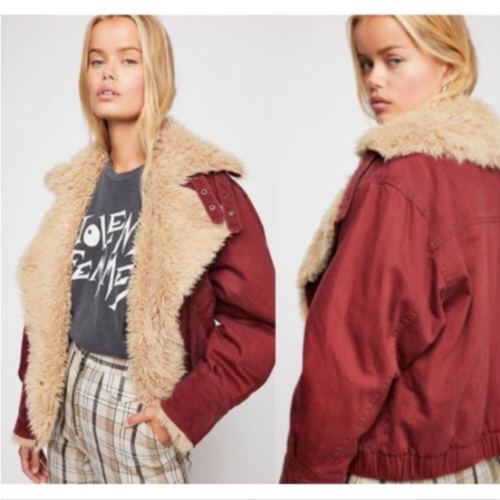 Free People Owen Wine Red‎ Oversized Sherpa Jacket Size XS